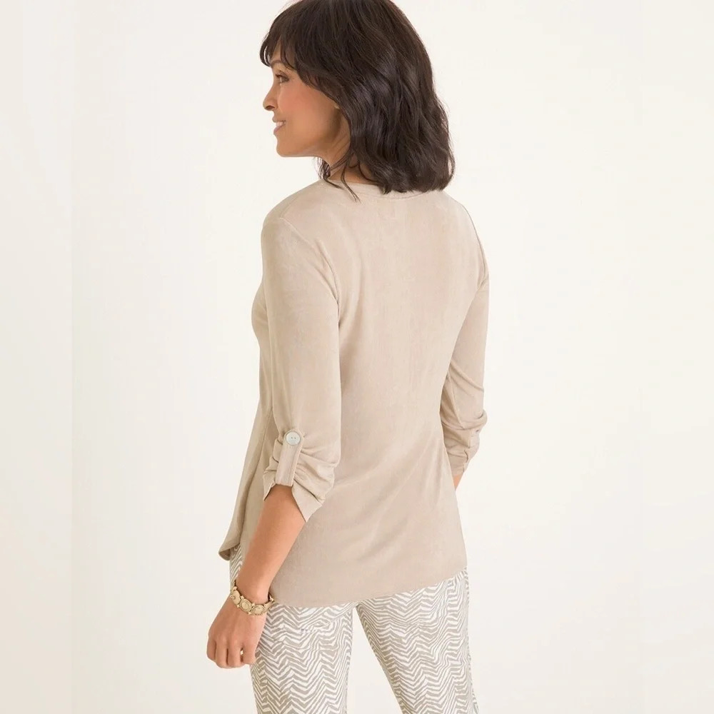 Chicos NWT Travelers Sand V-Neck Long Roll Tab Sleeve Slinky Top Size 2 (12-14) - Picture 2 of 14